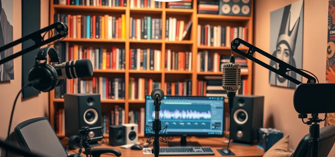 Studio de podcast inspirant avec microphones et ordinateur