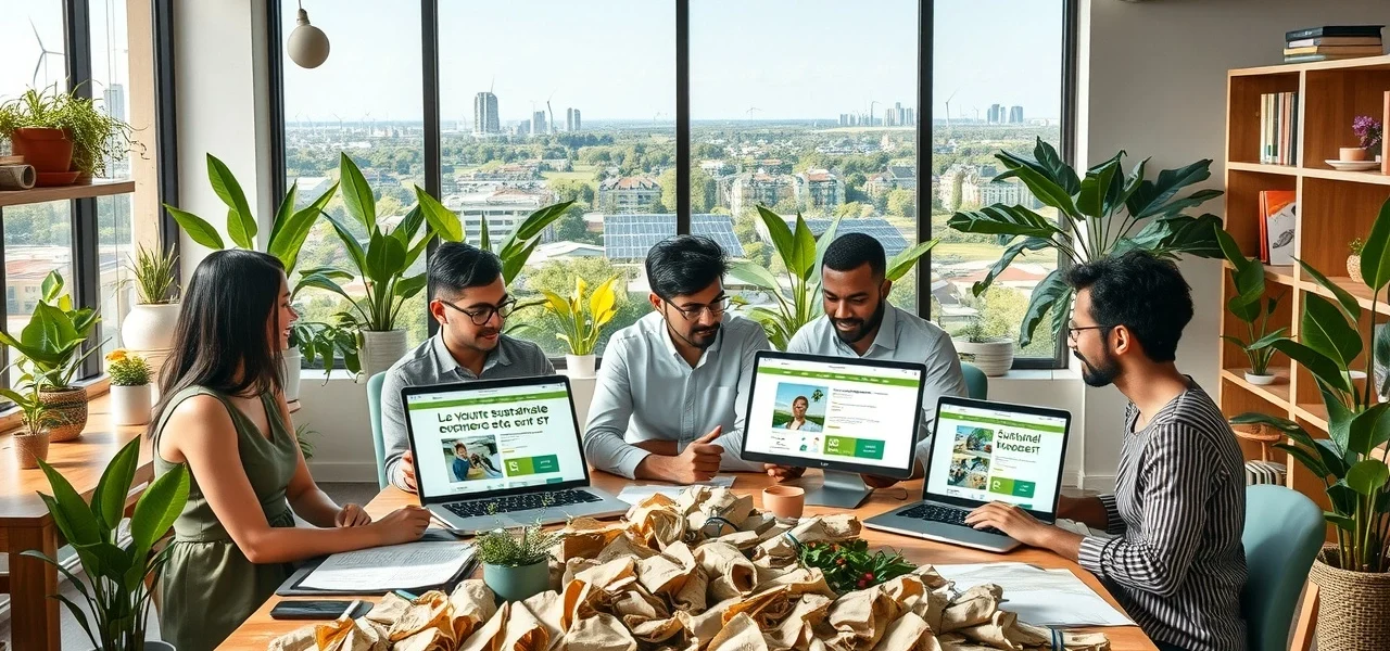 Un bureau e-commerce moderne illustrant des pratiques durables avec des matériaux écologiques et des professionnels en discussion.