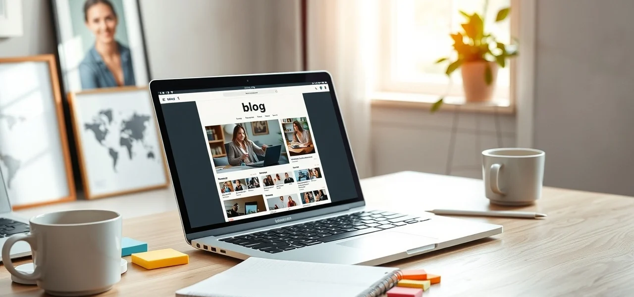 Espace de travail moderne avec un ordinateur portable et des éléments de créativité pour le blogging.