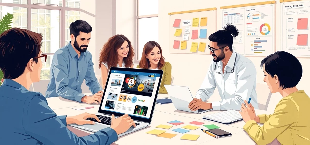 Une illustration d'un espace de travail moderne montrant des professionnels collaborant pour créer un site web.