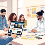 Une illustration d'un espace de travail moderne montrant des professionnels collaborant pour créer un site web.