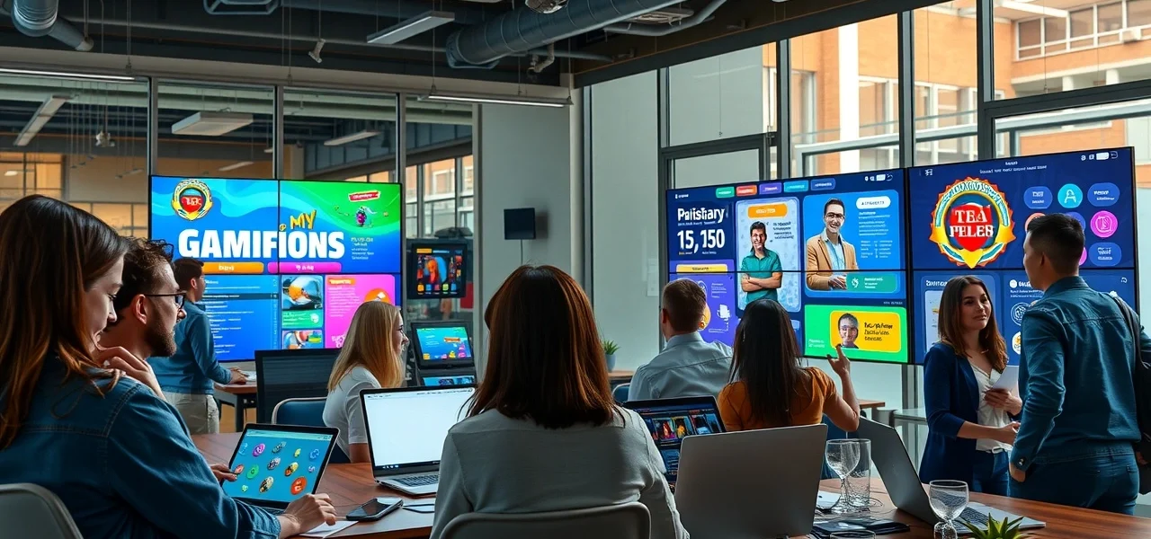 Une scene de bureau moderne avec des professionnels engageant des elements de gamification.