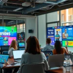 Une scene de bureau moderne avec des professionnels engageant des elements de gamification.