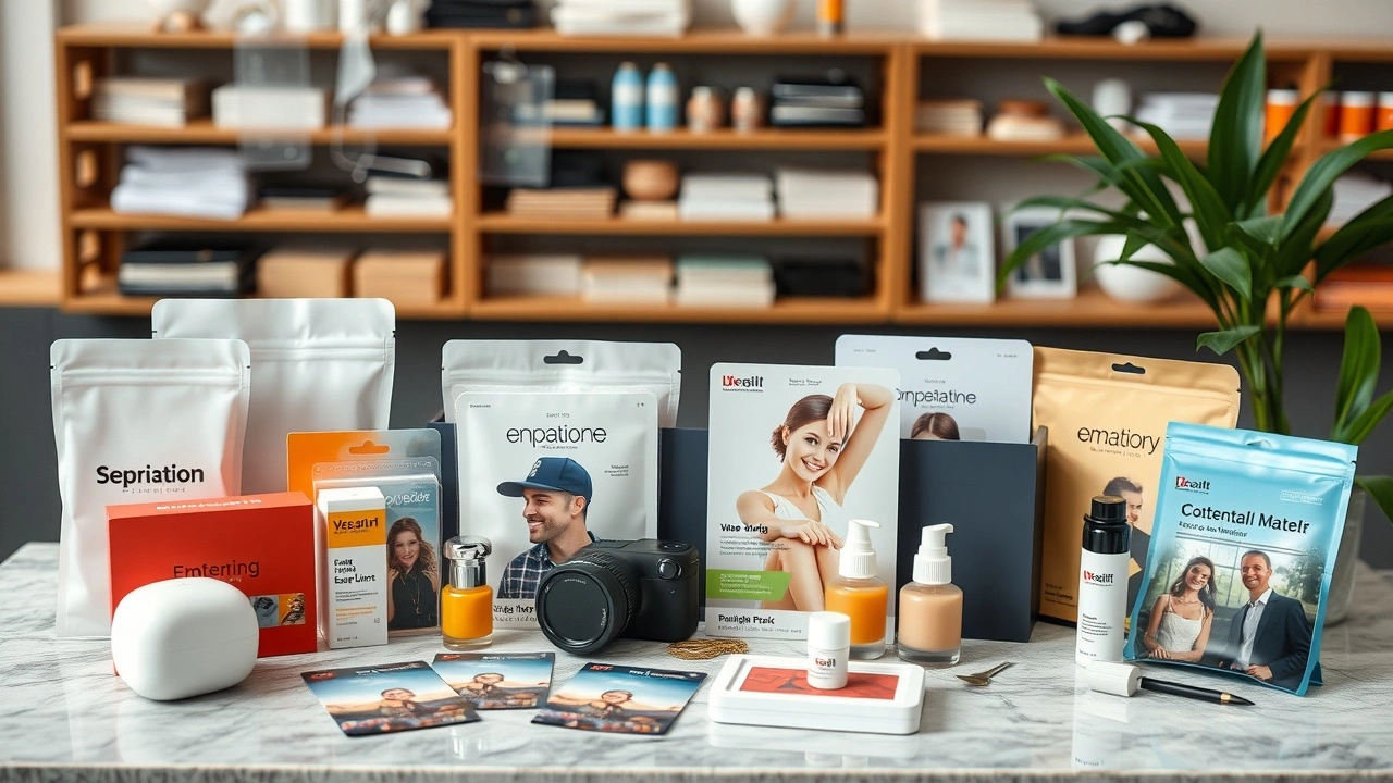 produits e-commerce et materiel marketing sur une table