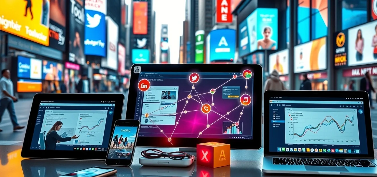 Dynamique de marketing digital moderne avec divers appareils et réseaux sociaux.