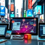 Dynamique de marketing digital moderne avec divers appareils et réseaux sociaux.