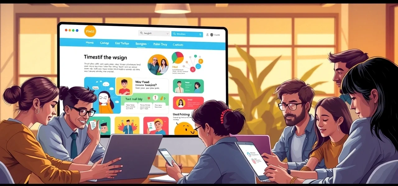 Une illustration d'une interface web engageante avec des utilisateurs divers interagissant avec des appareils numériques.