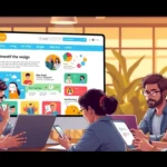 Une illustration d'une interface web engageante avec des utilisateurs divers interagissant avec des appareils numériques.