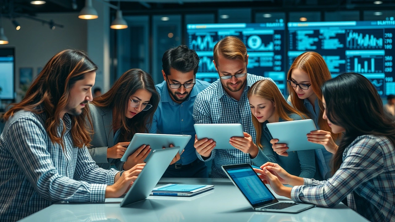 groupe divers utilisant des appareils numériques pour analyser des données