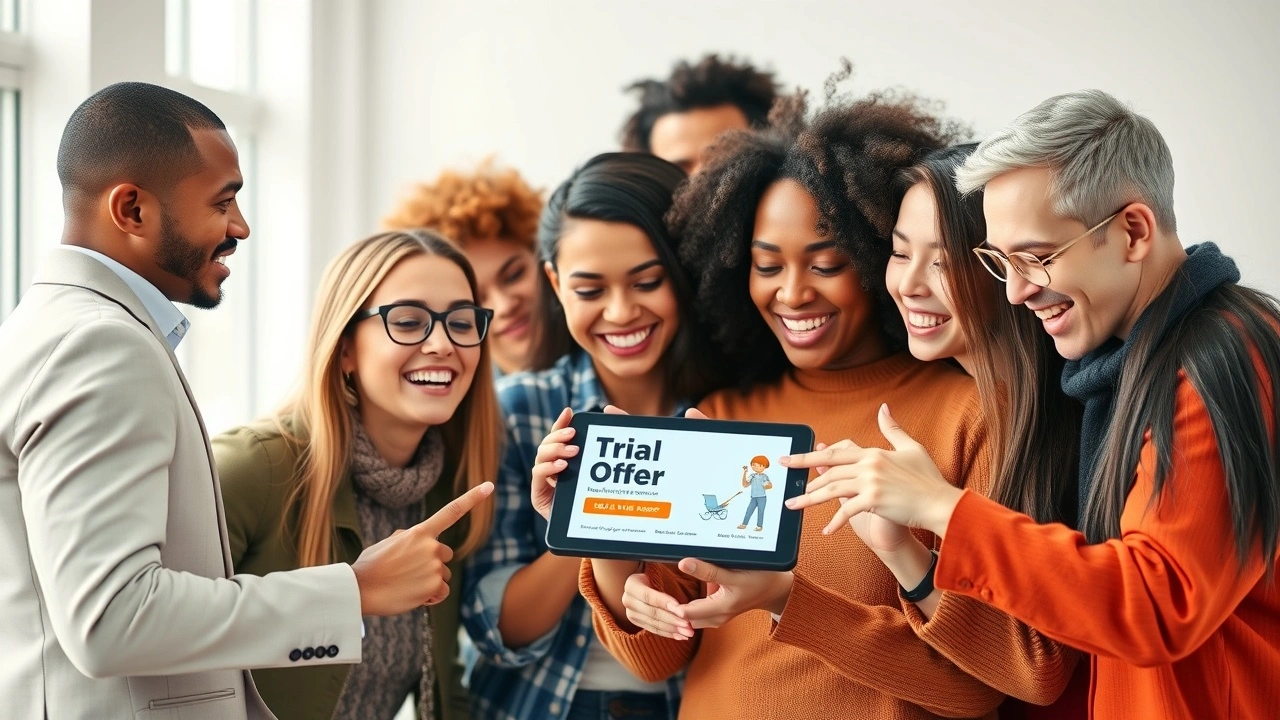 groupe de personnes utilisant un dispositif numérique pour une offre d'essai