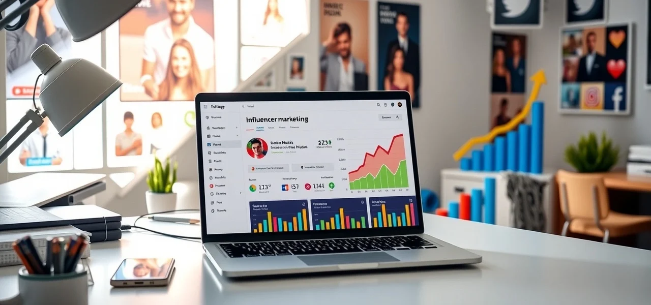 Illustration d'une stratégie de marketing d'influence dans un bureau moderne.