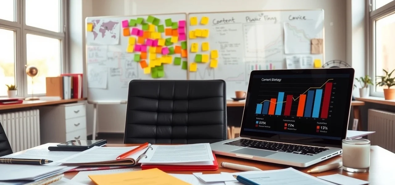 Bureau moderne avec documents et un ordinateur montrant une stratégie de contenu