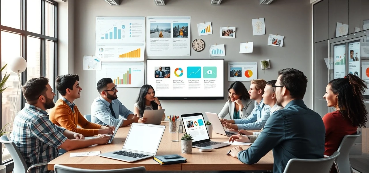 Une scène réaliste d'un bureau moderne où des professionnels discutent de stratégies de marketing de contenu.
