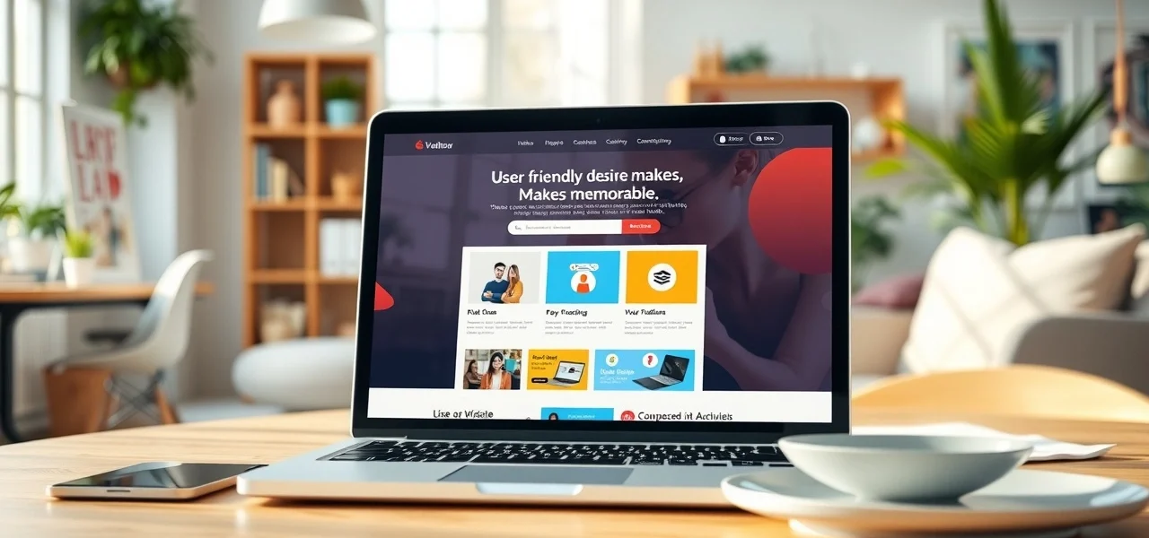 Une interface de site web moderne et engageante sur un écran d'ordinateur portable dans un cadre lumineux.