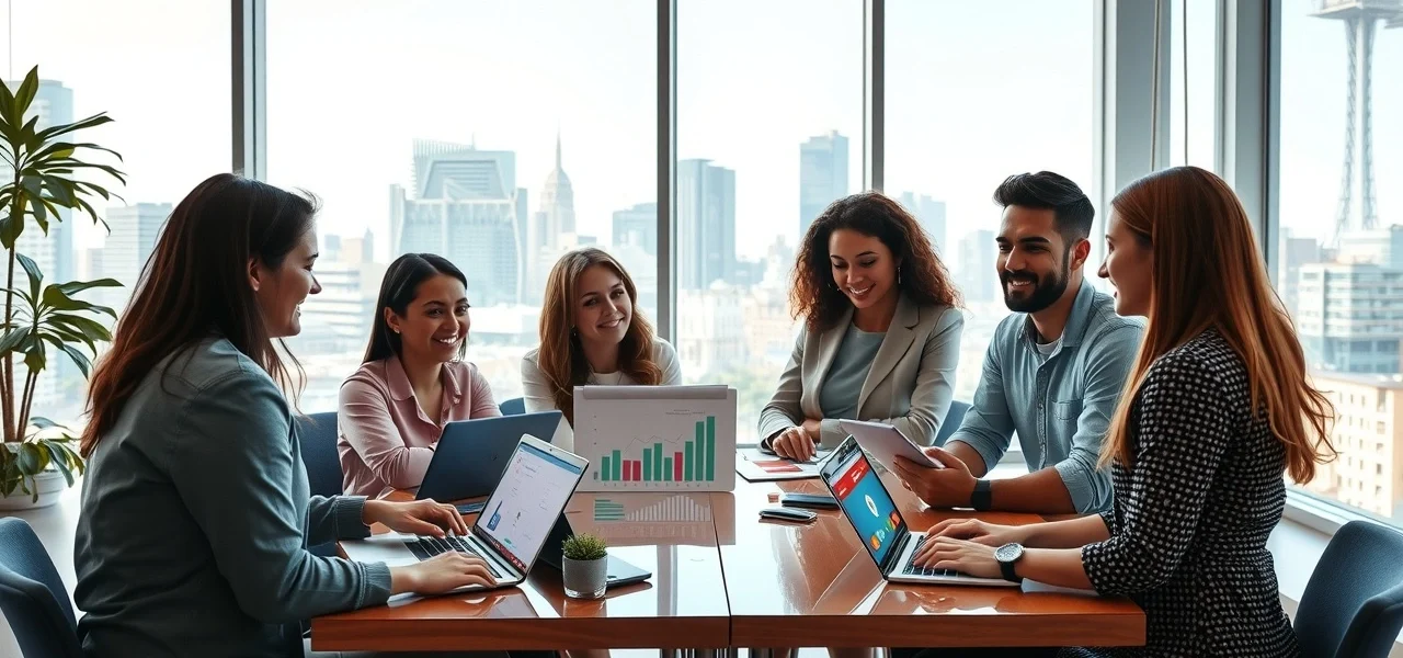 Une scene de travail collaborative avec des entrepreneurs utilisant des plateformes emergentes pour le trafic web.