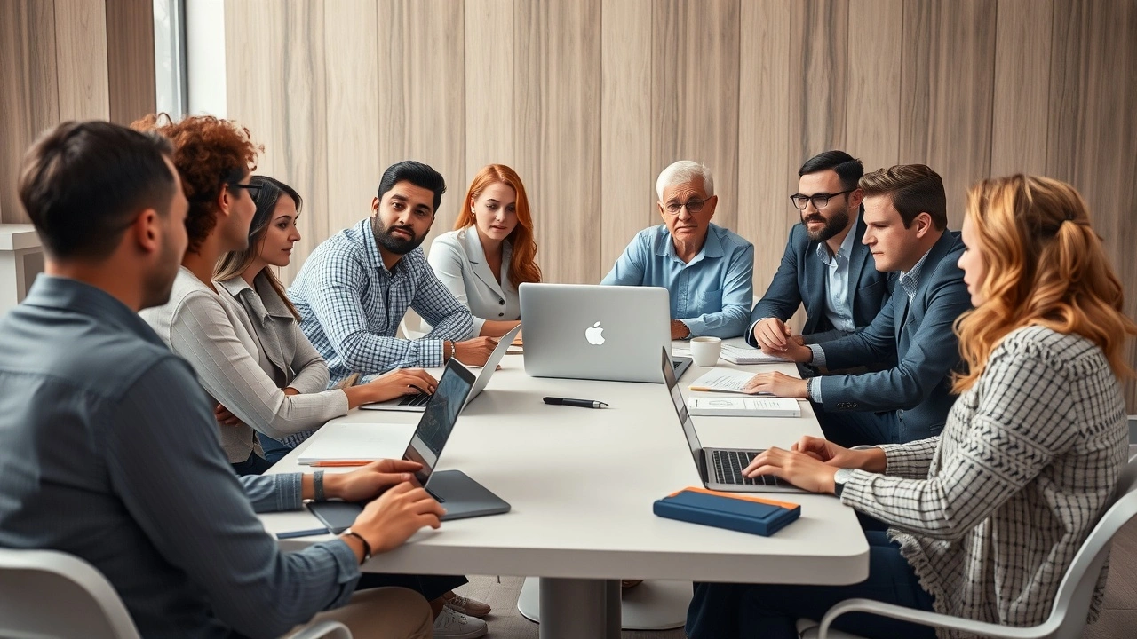groupe divers discutant autour d'une table avec ordinateurs