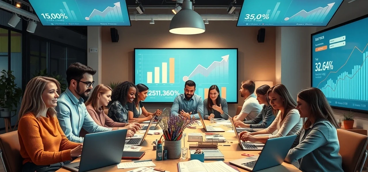 Un bureau d'e-commerce dynamique avec des personnes travaillant sur le marketing viral.