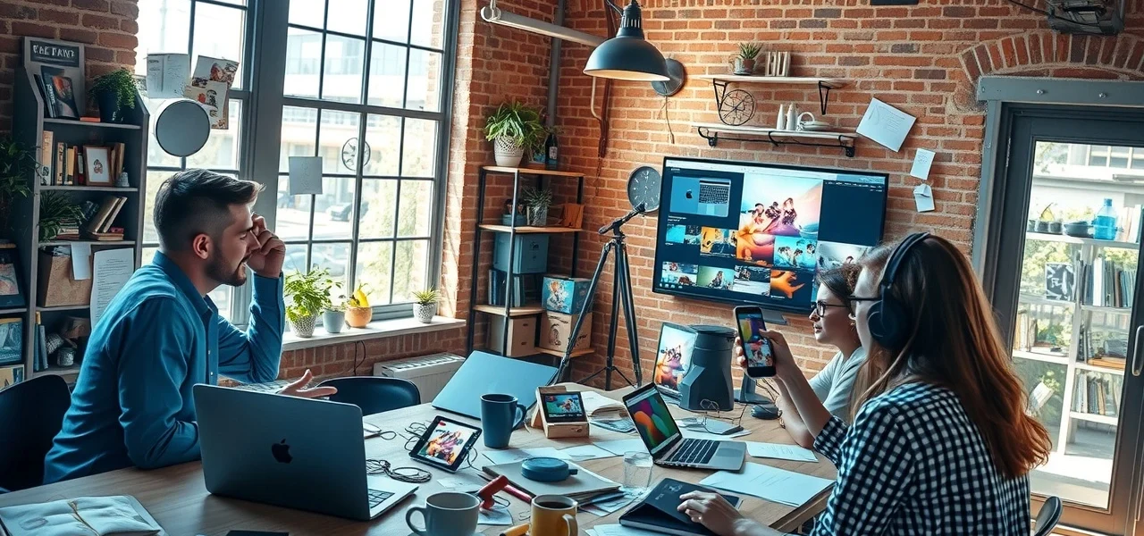 Bureau dynamique avec des créateurs de contenu collaborant sur du contenu captivant.