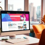 Bureau moderne avec un ordinateur ouvert sur un site d'abonnement