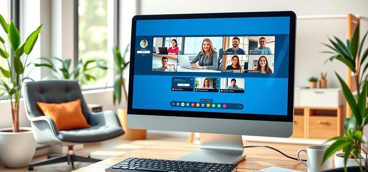 Une scene illustrant une configuration de webinaire professionnel avec un écran d'ordinateur et un bureau moderne.