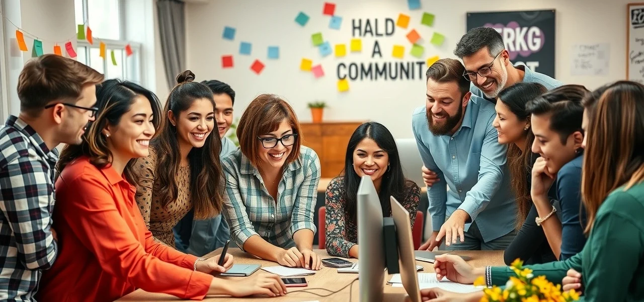 Un groupe divers de personnes discutant autour d'un ordinateur pour créer une communauté en ligne.