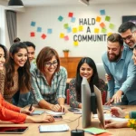 Un groupe divers de personnes discutant autour d'un ordinateur pour créer une communauté en ligne.