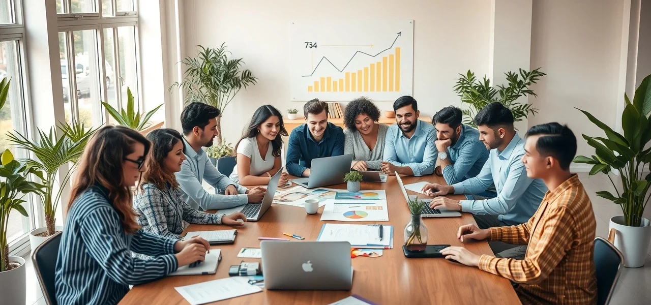 Une image illustrant un groupe diversifié de personnes en réunion pour développer des stratégies de contenu.