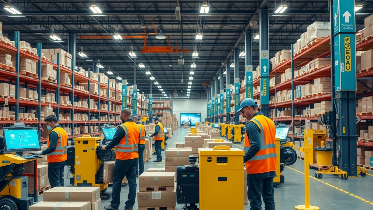 entrepôt e-commerce avec robots et technologie d'automatisation