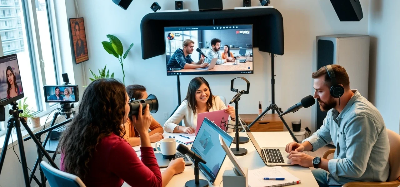 Un espace de travail numérique avec divers créateurs de contenu économisant leurs revenus en ligne.