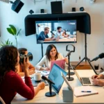 Un espace de travail numérique avec divers créateurs de contenu économisant leurs revenus en ligne.