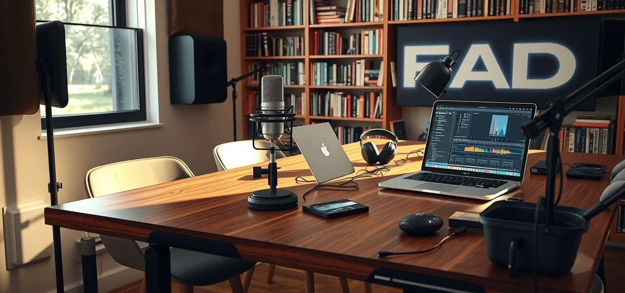 Un espace de travail moderne pour le podcasting avec un microphone, un ordinateur portable et des livres.