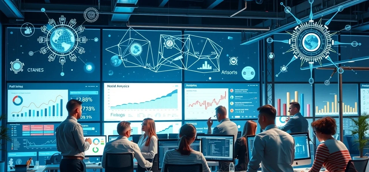 Une illustration réaliste de l'évolution du marketing automation à l'ère de l'intelligence artificielle, montrant des professionnels dans un bureau moderne.