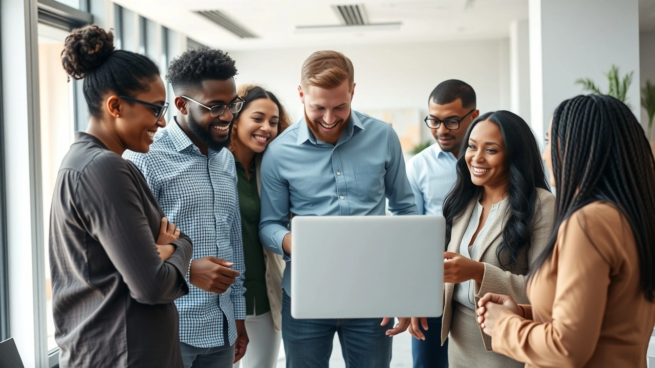 groupe divers discutant autour d'un ordinateur