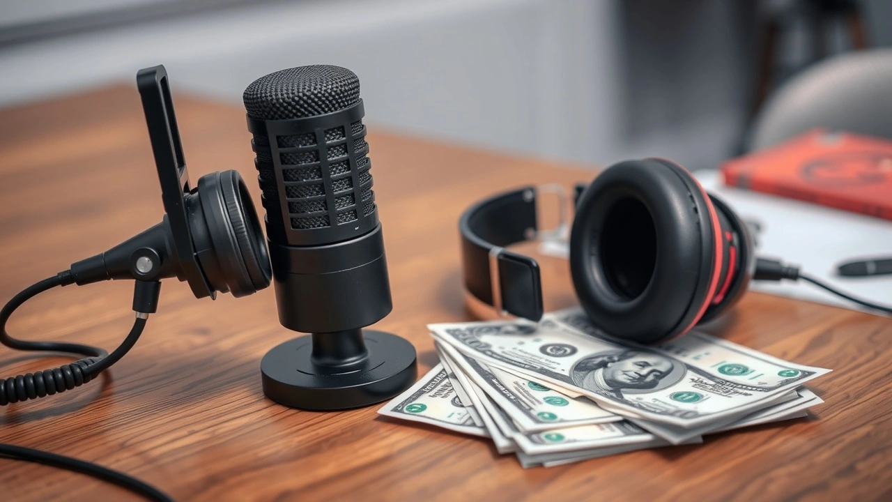 microphone avec écouteurs et billets de banque