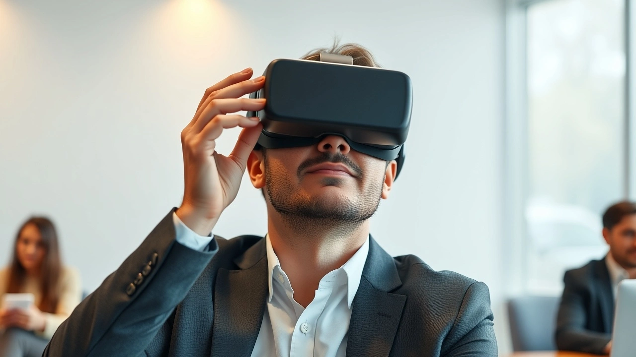 person utilisant un casque de realite virtuelle en reunion marketing