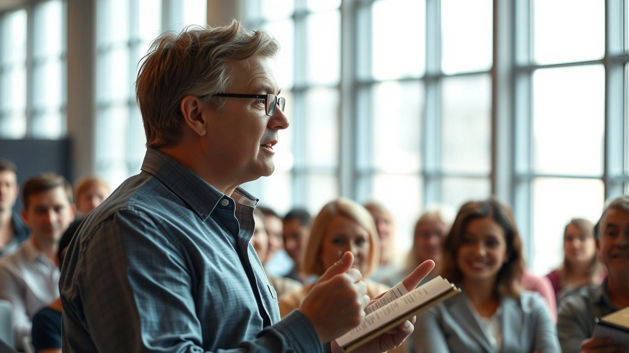 person racontant une histoire à un public captivé