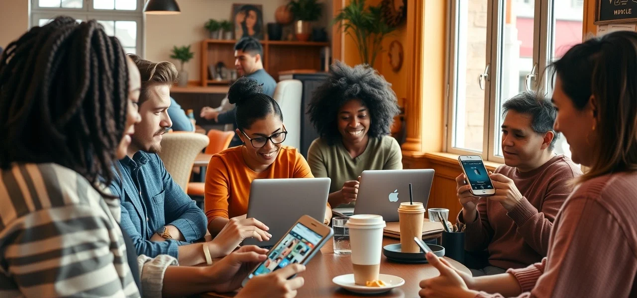 Un groupe diversifié de personnes interagissant avec un site Web dans un café.