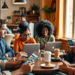 Un groupe diversifié de personnes interagissant avec un site Web dans un café.