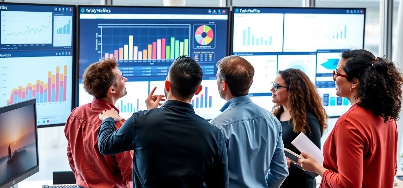 Une scène de travail moderne avec une équipe analysant des données pour améliorer leur stratégie d'acquisition de trafic.