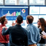 Une scène de travail moderne avec une équipe analysant des données pour améliorer leur stratégie d'acquisition de trafic.