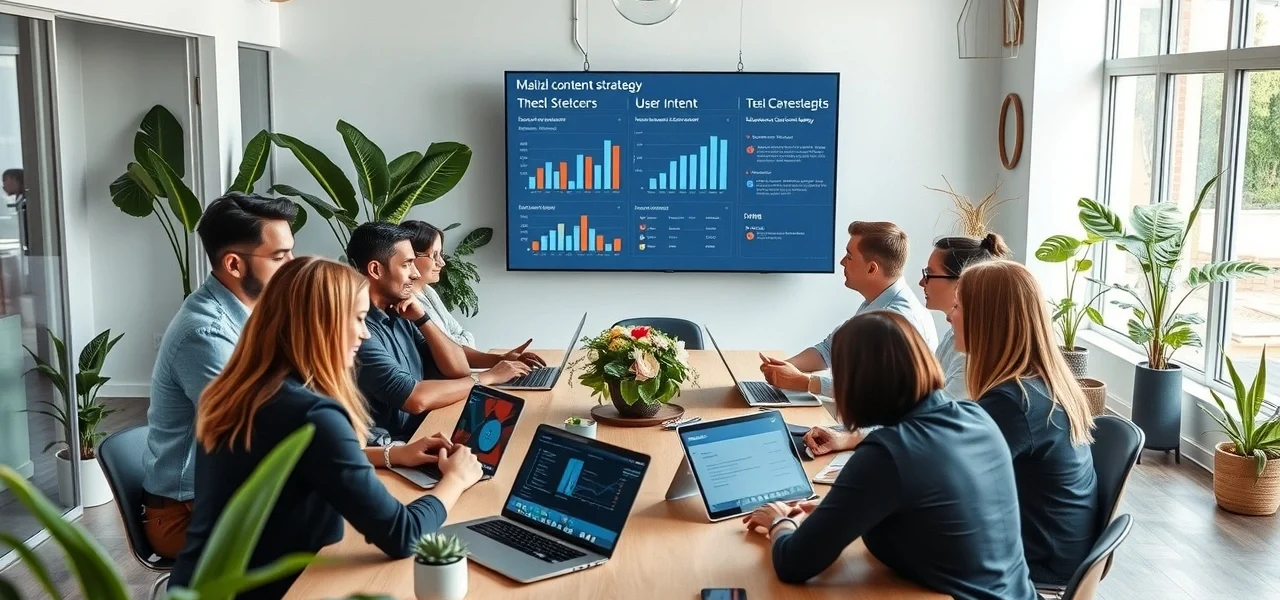 Un groupe de professionnels collaborant sur une strategie de contenu dans un bureau moderne.