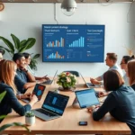 Un groupe de professionnels collaborant sur une strategie de contenu dans un bureau moderne.