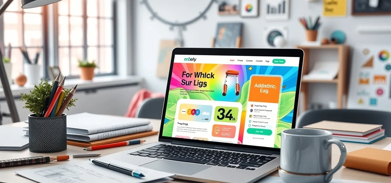 Un bureau moderne avec un ordinateur affichant un design de site web interactif.