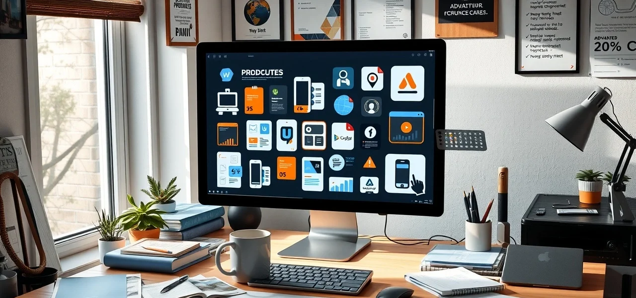 Une scène de bureau photoréaliste montrant un écran d'ordinateur avec des designs de produits numériques.