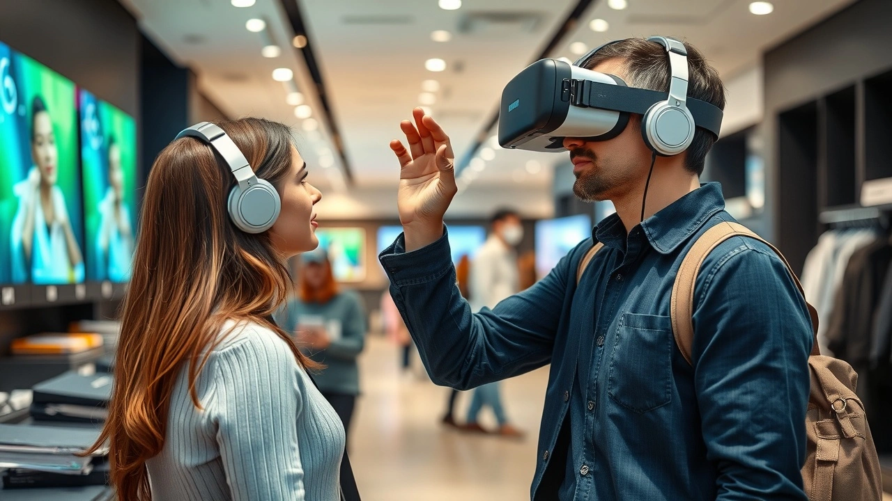 client utilisant un casque de réalité virtuelle en magasin