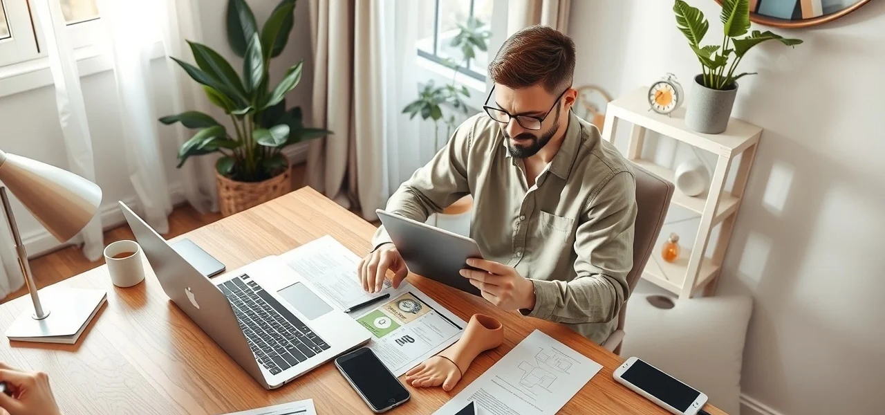 Une scène réaliste d'une personne utilisant des appareils numériques pour vendre en ligne.