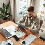 Une scène réaliste d'une personne utilisant des appareils numériques pour vendre en ligne.