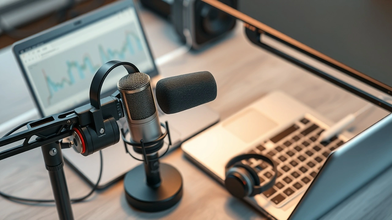 configuration de podcast avec microphone et ordinateur