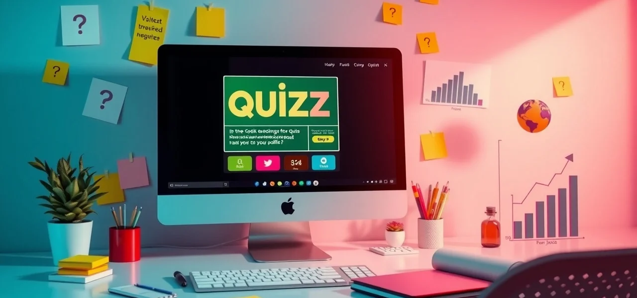 Une scène vibrant illustrant la création de contenu interactif avec des quiz pour attirer plus de visiteurs sur un site web.