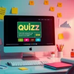 Une scène vibrant illustrant la création de contenu interactif avec des quiz pour attirer plus de visiteurs sur un site web.
